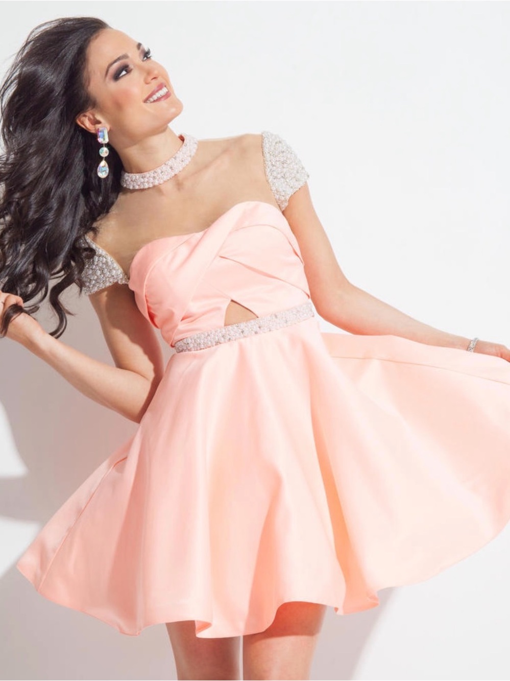 NWT Rachel Allan Beaded Illusion Cutout Cocktail Dress 4049RA Soft Coral $358